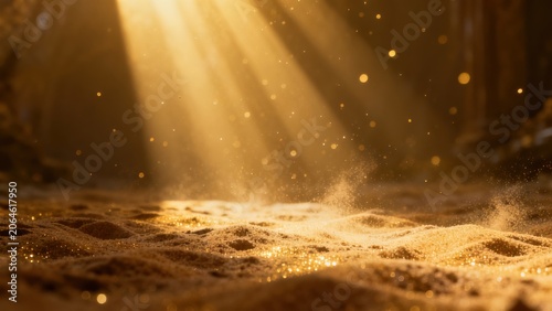 Golden light beams on sandy surface