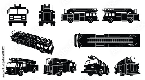 Konstfotografi Classic Fire Engine Ladder Truck Silhouette Set Showing Front, Side, Rear, and T