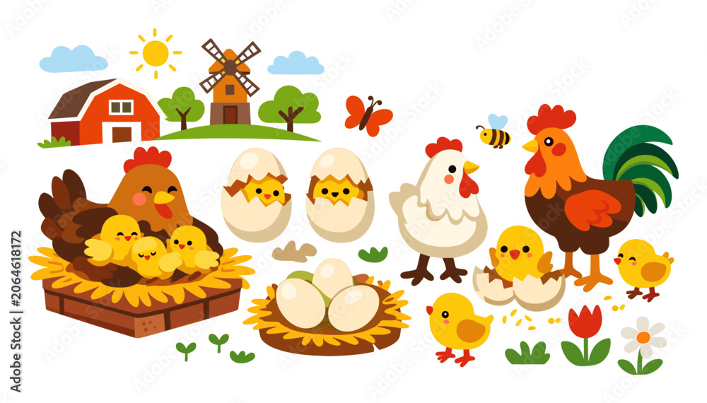 Fototapeta premium Mother hen watching chicks, rooster crowing, eggs nestled, barn standing, windmill turning