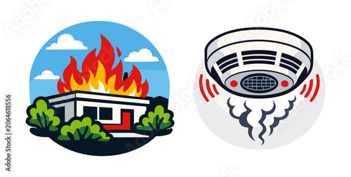 Flames engulfing a house as a smoke alarm detects smoke, illustrating fire safety and emergency response