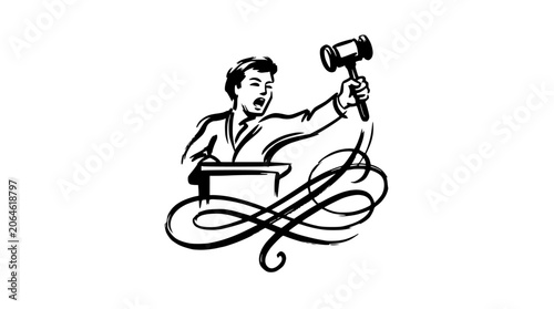 Foto Auctioneer at podium raising gavel black and white sketch.