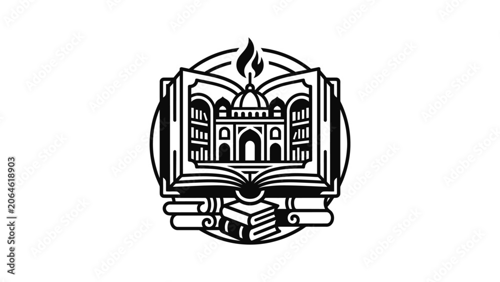 Fototapeta premium Open Book Emblem with Dome Building and Flame Symbolizing Knowledge