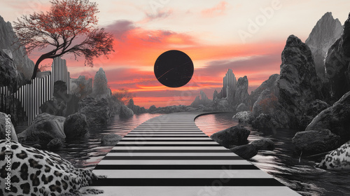 Surreal futuristic landscape with abstract geometric elements, reflective water and vibrant sky, creating a dreamlike sci fi scene with striking colors and imaginative atmosphere.