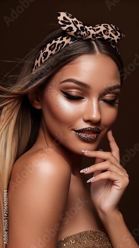Close-up of model girl's face, leopard print on dark background, slow motion.