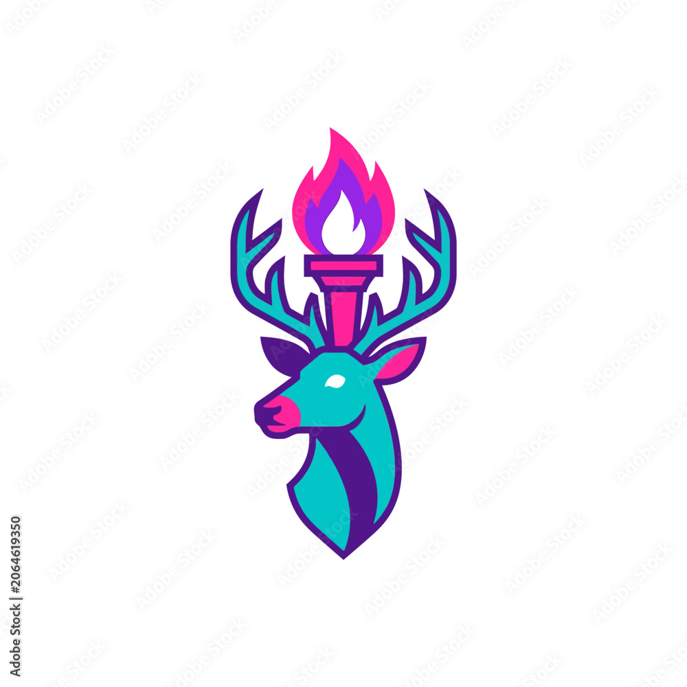 Naklejka premium Stag head illustration with flaming torch between its antlers.