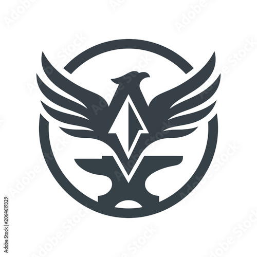 Schilderij op canvas Minimalist anvil logo with stylized wings in circular frame.