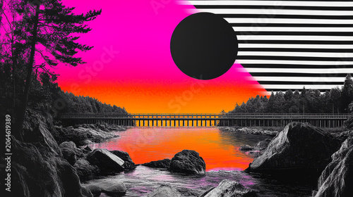 Surreal futuristic landscape with abstract geometric elements, reflective water and vibrant sky, creating a dreamlike sci fi scene with striking colors and imaginative atmosphere.