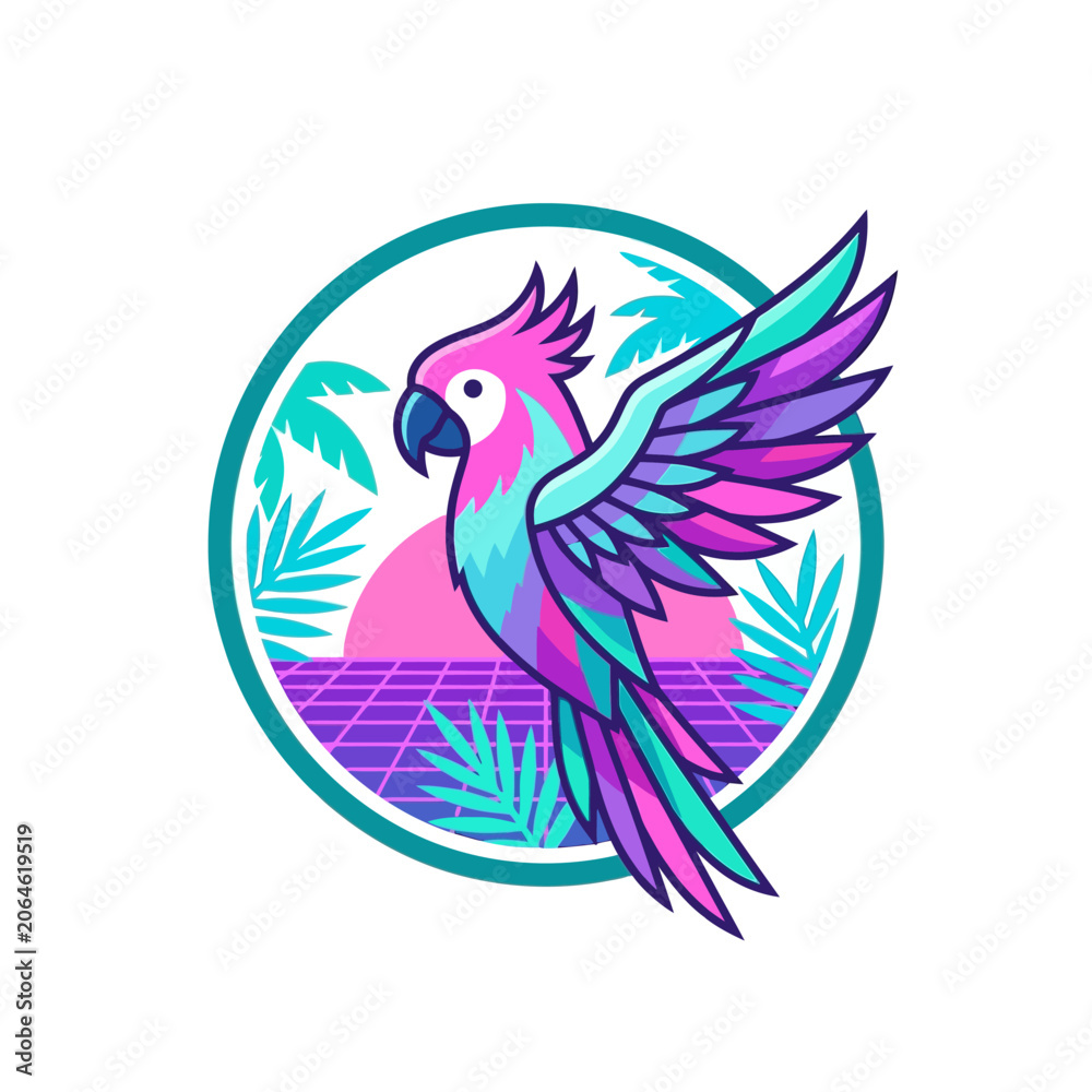 Fototapeta premium Synthwave parrot mascot in a retro sunset circle frame.