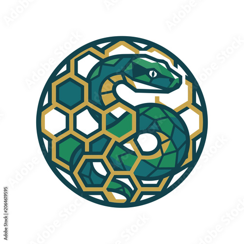 Obraz na plátně Stylized green snake logo entwined in circular honeycomb frame.