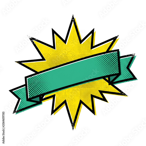 Comic book explosion burst, green banner ribbon, yellow starburst, pop art graphic