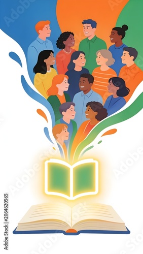Stylized Illustration of Diverse People Emerging from Open Glowing Book Banner