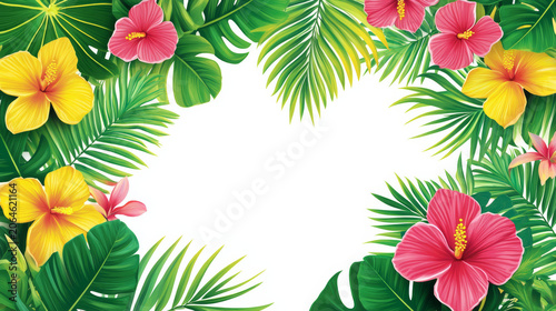 Tropical floral frame with hibiscus flower and palm leaf on a soft pastel background, featuring elegant botanical illustration and copy space for summer design.