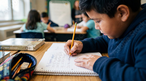 Elementary school student with vitiligo focused on writing in a notebook during a classroom lesson