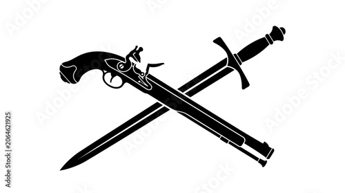 4th July, Independence day of America. Crossed sword, pistol, black silhouette, medieval weaponry, vintage arms Vector