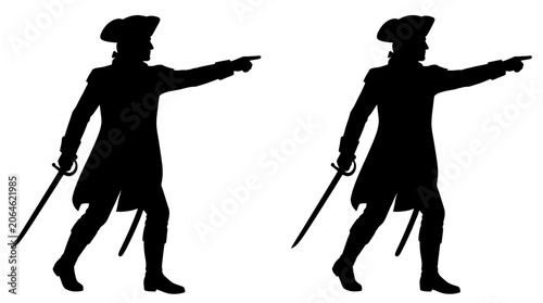 4th July, Independence day of America. Pirate, silhouette, vector icons, black, white background, sword, colonial, 2 illustrations Vector