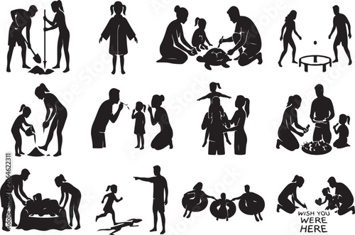 Fotografía Set of silhouettes of a family on vacation at the beach