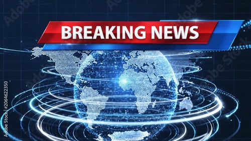 Breaking News graphic with digital world map and glowing lines