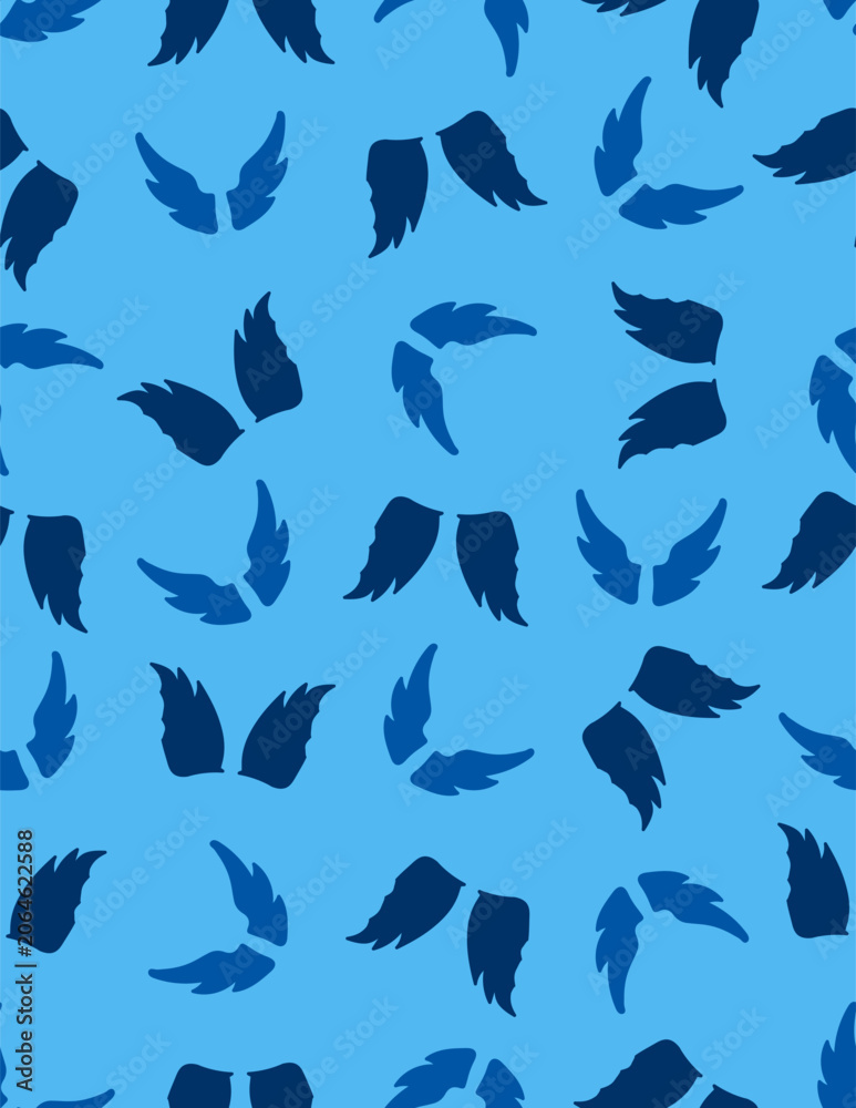 Obraz premium Seamless pattern with scattered angel wings, blue tones light blue background.