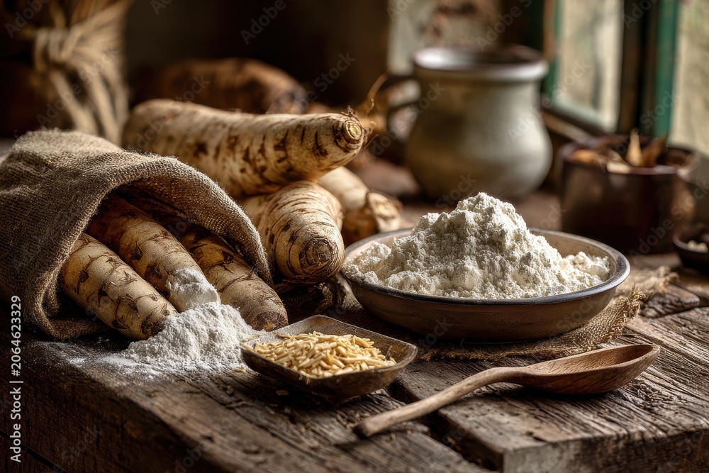Obraz premium Rustic kitchen scene with cassava roots, flour, and farofa on a wooden table