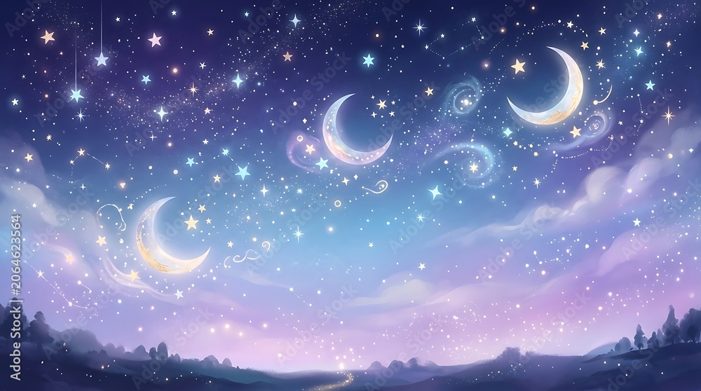 Obraz premium Whimsical night sky with crescent moons, stars, and dreamy cosmic swirls