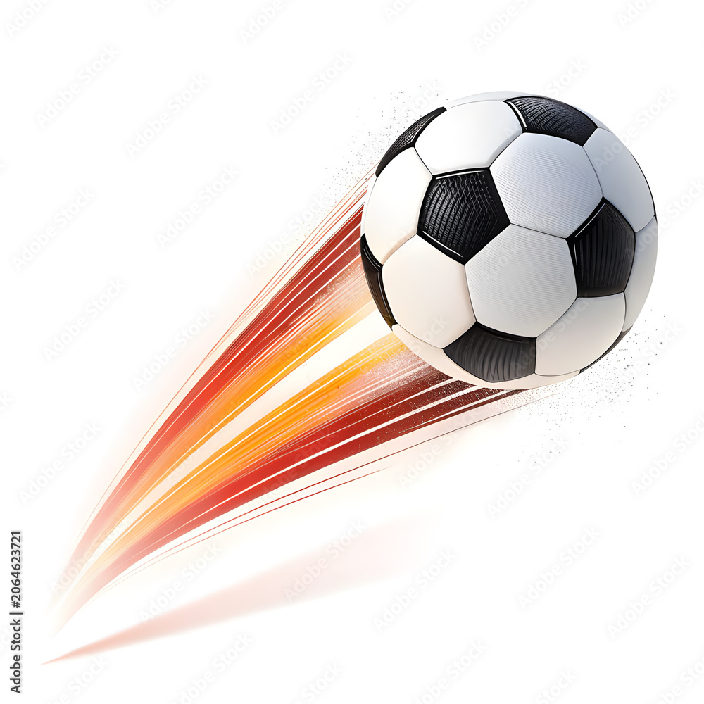 Naklejka premium soccer ball in motion with speed trails and action effects, isolated on white background