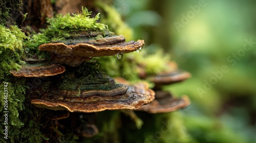 Wood-decay fungus on a mossy trunk in a quiet woodland scene