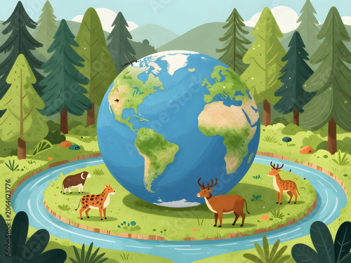 Earth surrounded by animals in forest landscape with trees and water