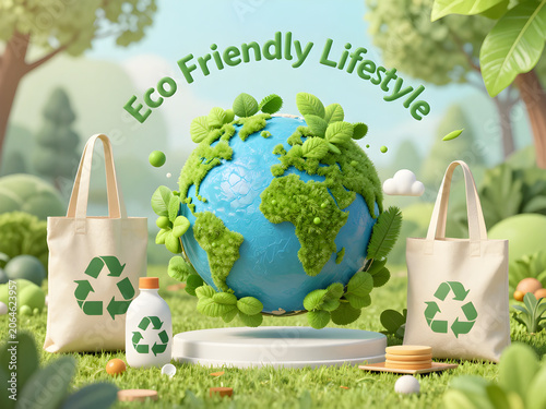 Eco friendly lifestyle globe with green leaves on a podium surrounded by bags