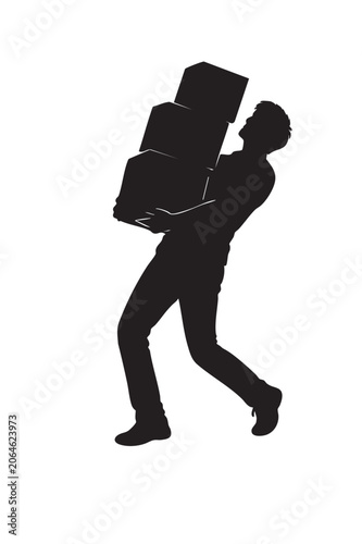 Silhouette of a young man struggling to carry a heavy stack of cardboard boxes, incorporating smooth lens discs with colorful light refraction with iridescent effect