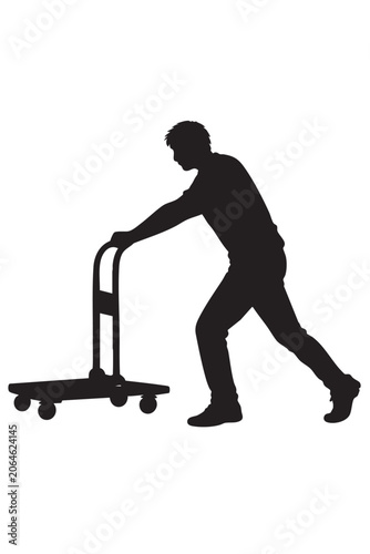 Full body silhouette of a man pushing a flatbed cargo trolley cart on a plain background with silhouette delivery logistics transport warehouse industrial