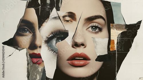 Creative pop art portrait with layered female faces, bold makeup and retro collage elements, blending vintage fashion aesthetics with contemporary abstract design.