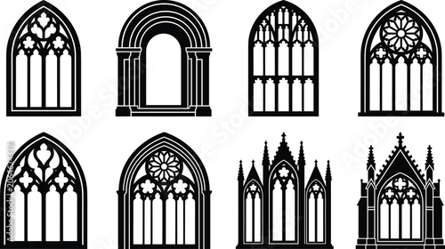 Cuadro en lienzo Set of Gothic and Romanesque window and doorway silhouette designs with ornate t