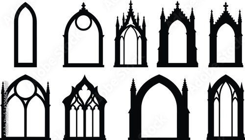 Set of Gothic window and arch silhouette designs with ornate medieval architectural details