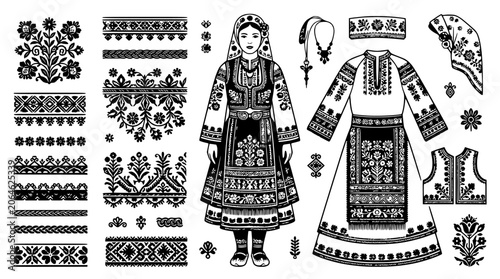 Foto Black and white Romanian folk costume and embroidery patterns.