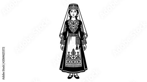 Fényképezés Caucasian woman in traditional ornate folk dress silhouette.