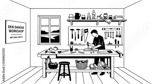 Bilde på lerret Carpenter working in a traditional Danish woodcraft workshop studio