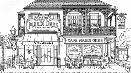 Quadro su tela Cafe Mardi Gras New Orleans architecture line drawing.