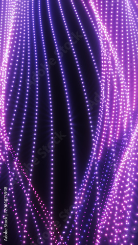 Konstfotografi Vertical purple particle streams with glowing dotted light trails, forming a futuristic digital tunnel or luminous data curtain