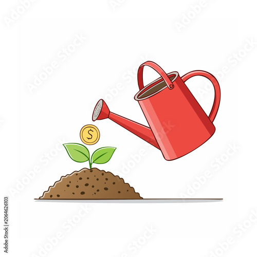 Red watering can watering a plant with a gold coin