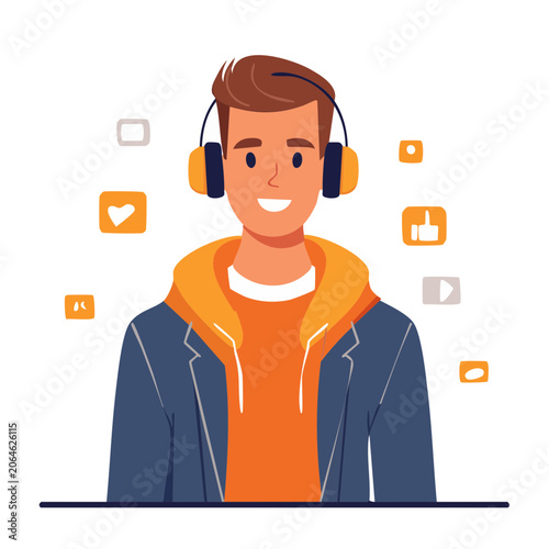 Smiling man wearing headphones with social media icons