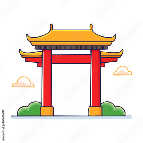 Traditional Chinese Gate with Pagoda Roof Illustration