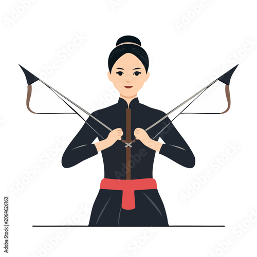 Woman holding crossbows in traditional outfit illustration