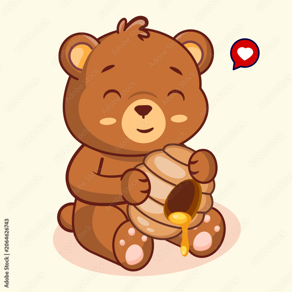 Obraz premium Cute Cartoon Bear Eating Honey from a Honeycomb Vector Illustration Kawaii Animal