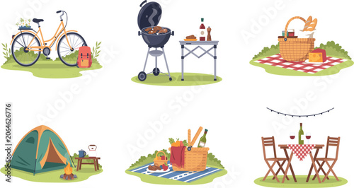 Quadro su tela Outdoor picnic and camping collection with barbecue, bicycle and dining setup, s