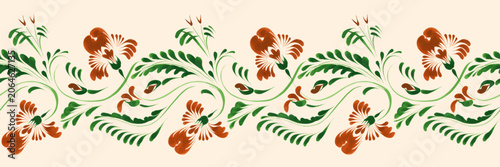 Vector floral border seamless pattern from marigold flowers on a beige background
