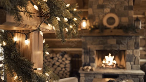 Christmas lights and garland adorn cozy rustic fireplace in winter cabin