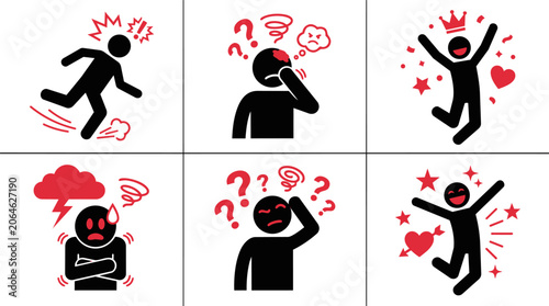 Set of stick figure icons representing various human emotions and states including shock, confusion, happiness, anxiety, and love
