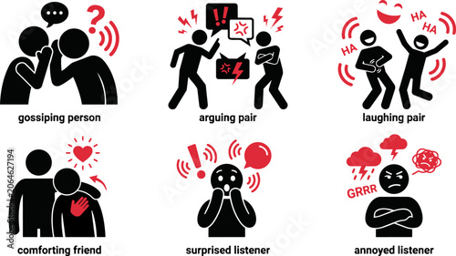 Set of stick figure icons representing various human emotions and social interactions, including gossiping, arguing, laughing, comforting, surprise, and annoyance
