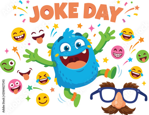 Foto International joke day funny cartoon monster celebrating with emojis