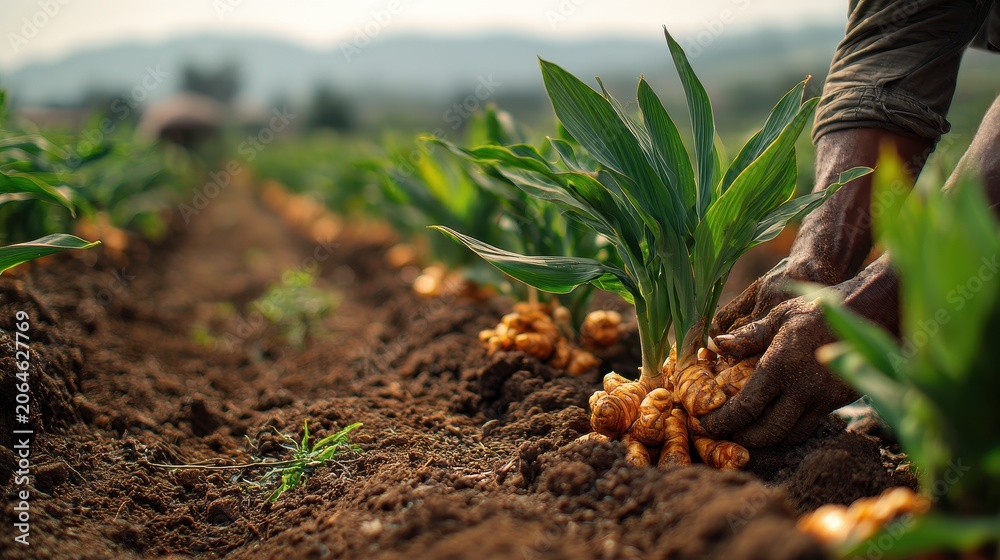 Fototapeta premium Sunlit field of turmeric plants showing lush leaves and ready-to-harvest roots on an eco-friendly farm